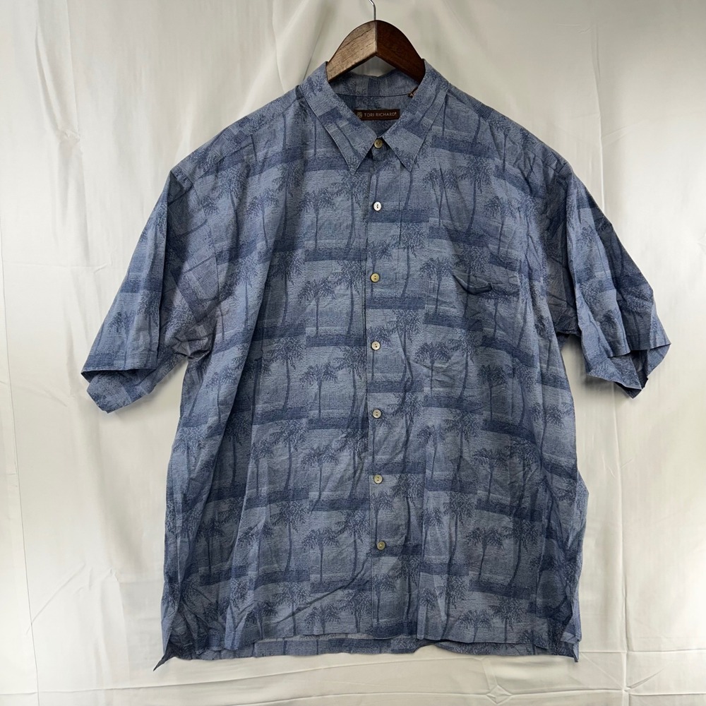 Tori Richard Button Up Shirt Mens XL Blue Palm Tree Made in Hawaii